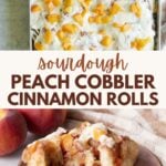 Sourdough peach cobbler cinnamon rolls in a 9x13 pan next to fresh peaches and a brown and white towel.