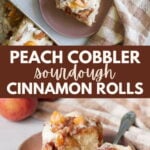Sourdough Peach Cobbler Cinnamon Roll on a brown plate with a fork.