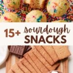 sourdough mini muffins on top of sprinkles and sourdough graham crackers next to chocolate and marshmallows.