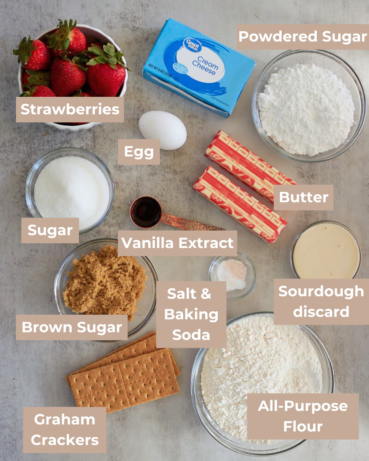 strawberry cheesecake cookies ingredients including butter, strawberries, sourdough discard, sugars, graham crackers, cream cheese, and more.