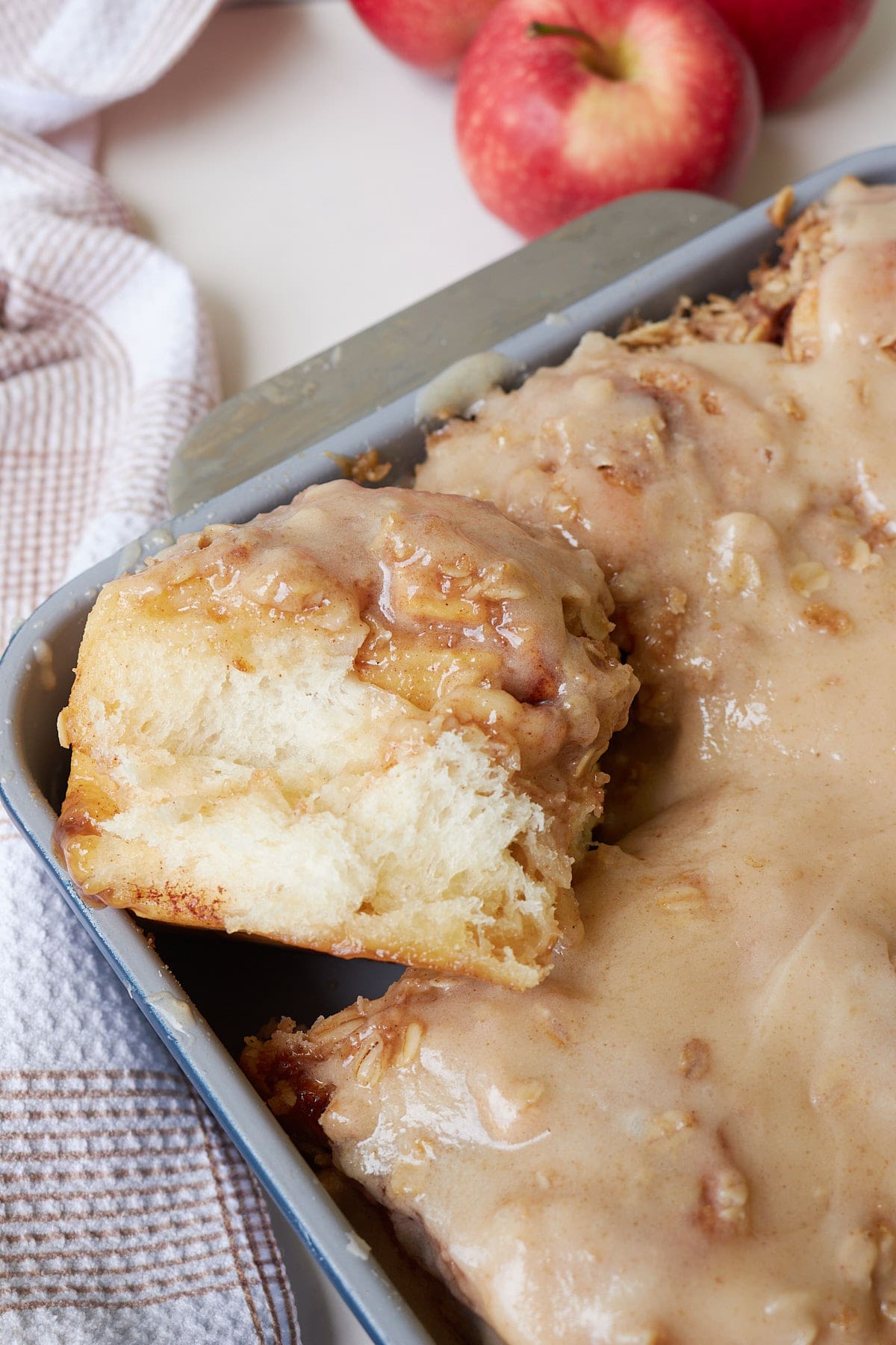 Apple Crisp Sourdough Cinnamon Rolls in a 9x13 pan.