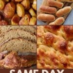 Same Day Sourdough Recipes featuring sourdough pretzel bites, sourdough hot dog buns, sourdough bread, and sourdough focaccia.