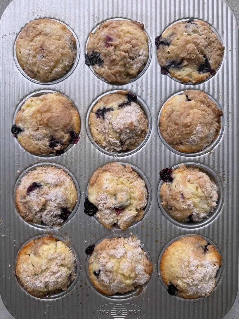 Freshly baked sourdough blueberry muffins in a metal muffin pan.