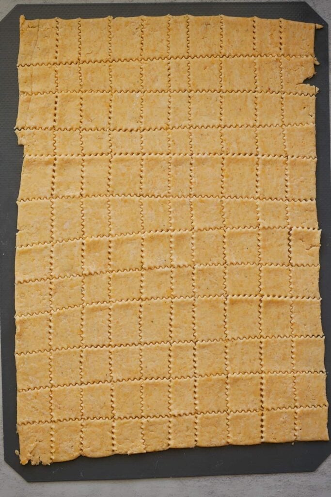 Sourdough cheez it cracker dough cut into squares.