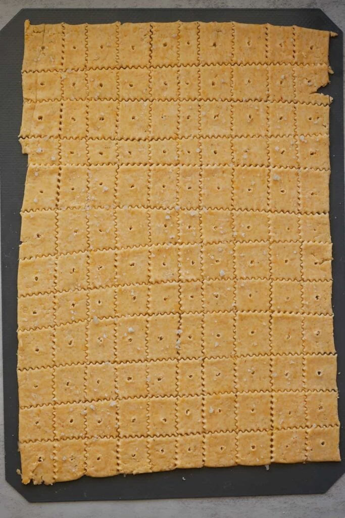 Sourdough Cheez it cracker dough cut into squares with holes poked in the center.