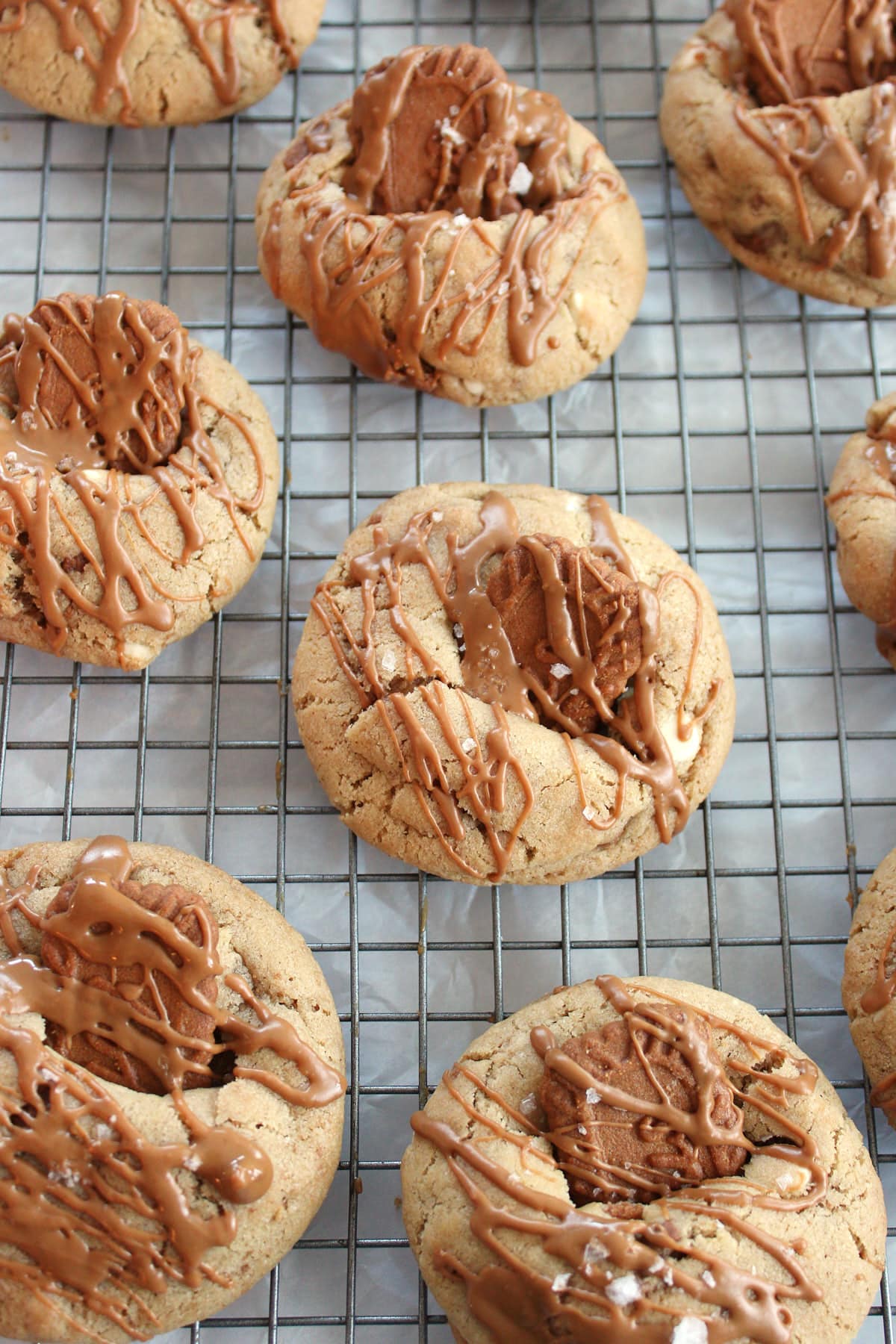 Cookie butter sourdough cookies on a wire cooling rack.