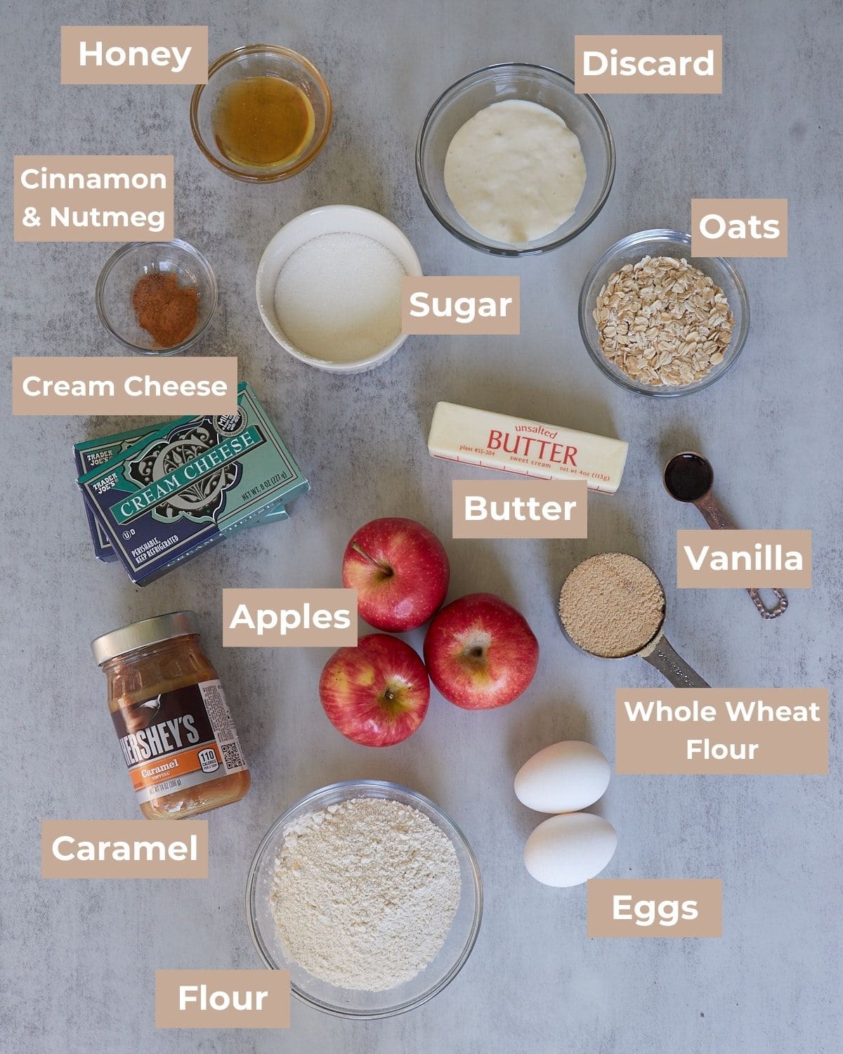 Ingredients for Sourdough Apple Cheesecake Bars on a grey background.