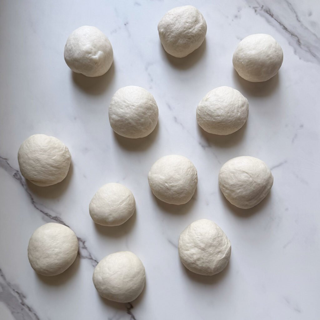 Dough for Sourdough Bagels shaped into 12 dough balls.