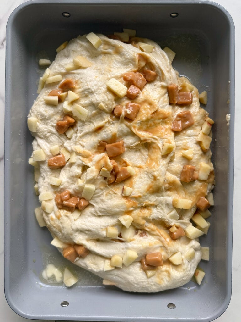 Caramel Apple Sourdough Focaccia dough in a 9x13 pan before the second rise.