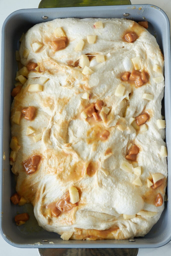 Caramel Apple Sourdough Focaccia dough in a 9x13 pan after second rise.