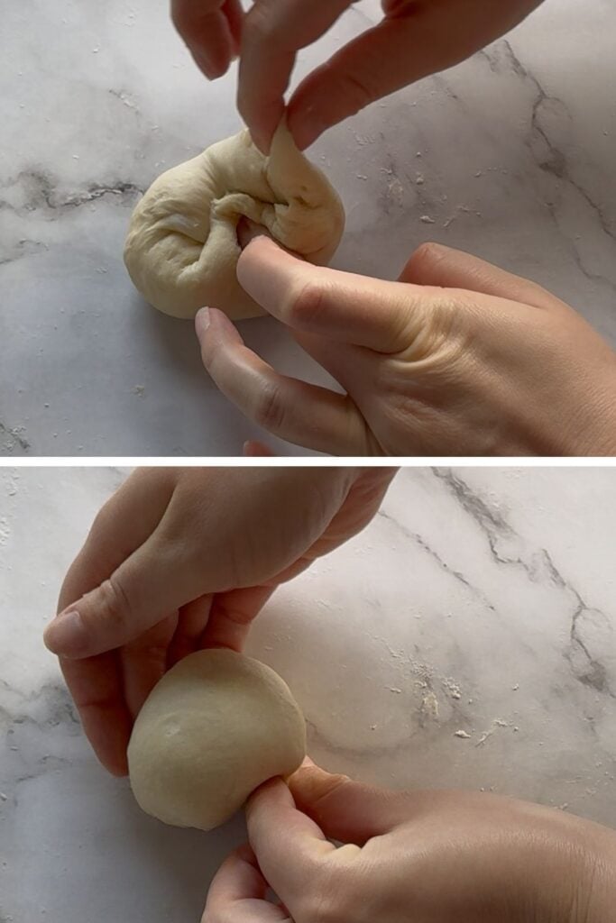 Hand shaping dough balls for sourdough dinner rolls.