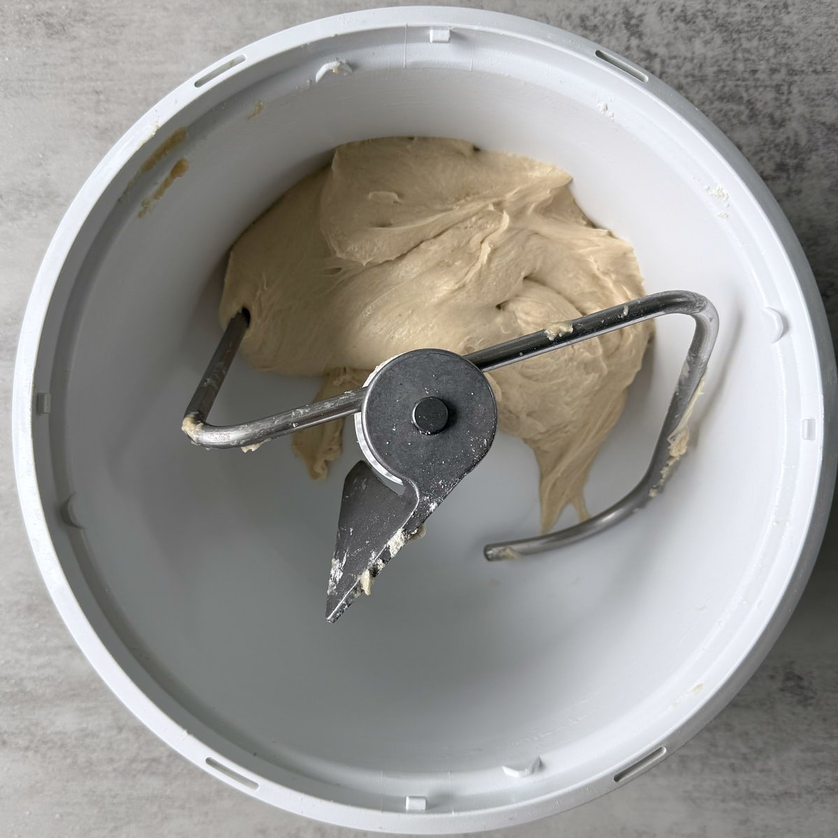 Dough for sourdough sandwich bread in a bosch mixer.
