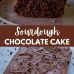 Slice of chocolate cake with chocolate butter cream frosting and chocolate shavings on a brown plate.