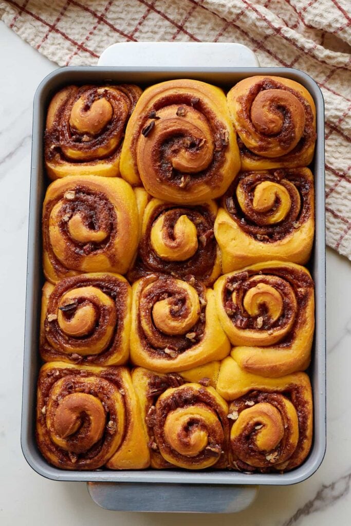 Freshly baked sourdough pumpkin cinnamon rolls in a 9x13 pan.