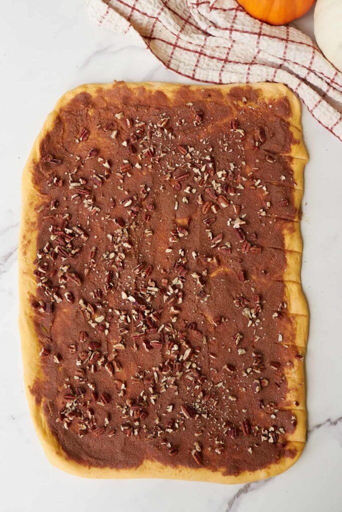Dough for sourdough pumpkin cinnamon rolls rolled out into a rectangle with cinnamon sugar butter mixture and pecans.