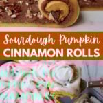 Rolling up strips of sourdough pumpkin cinnamon rolls and a 9x13 pan of sourdough pumpkin cinnamon rolls.