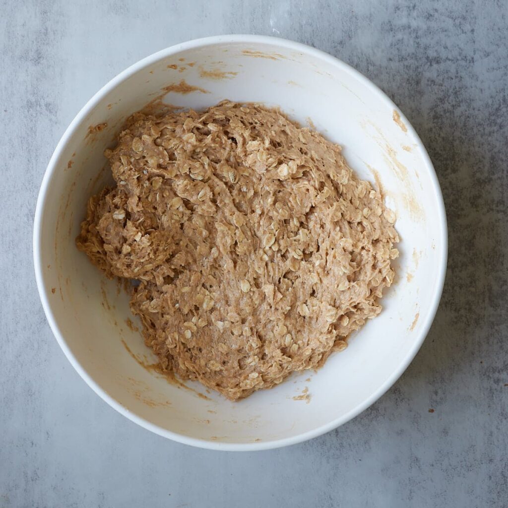 Dry ingredients mixed into wet ingredients for Sourdough Oatmeal Cookies in a white bowl.