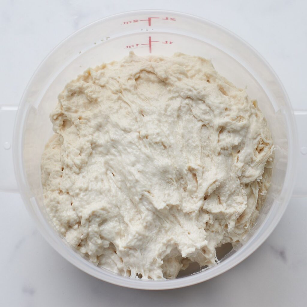 Shaggy dough for sourdough bread bowls in a round container.