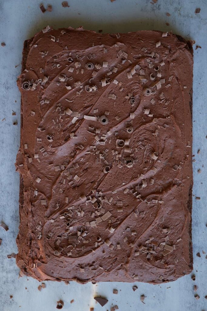Sourdough Chocolate Cake with chocolate butter cream frosting and chocolate shavings on top.