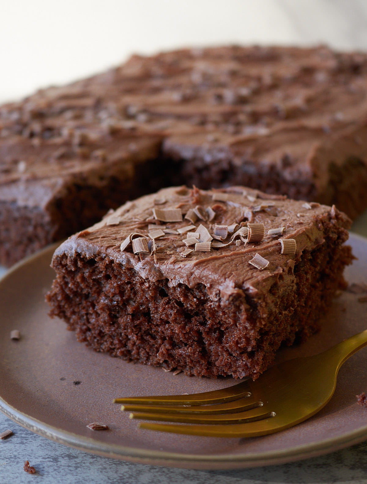 Slice of chocolate cake with chocolate butter cream frosting and chocolate shavings on a brown plate next to the full cake.