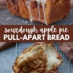 Loaf of sourdough apple pie pull apart bread with vanilla glaze on a wire rack.