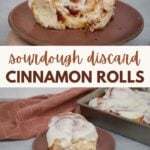 One sourdough discard cinnamon roll on a brown plate next to a 9x13 pan filled with sourdough discard cinnamon rolls.