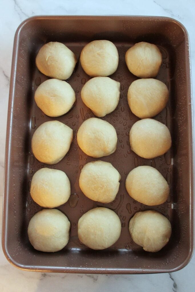 Sourdough Discard Hawaiian Roll dough before the second rise in a 9x13 baking dish.