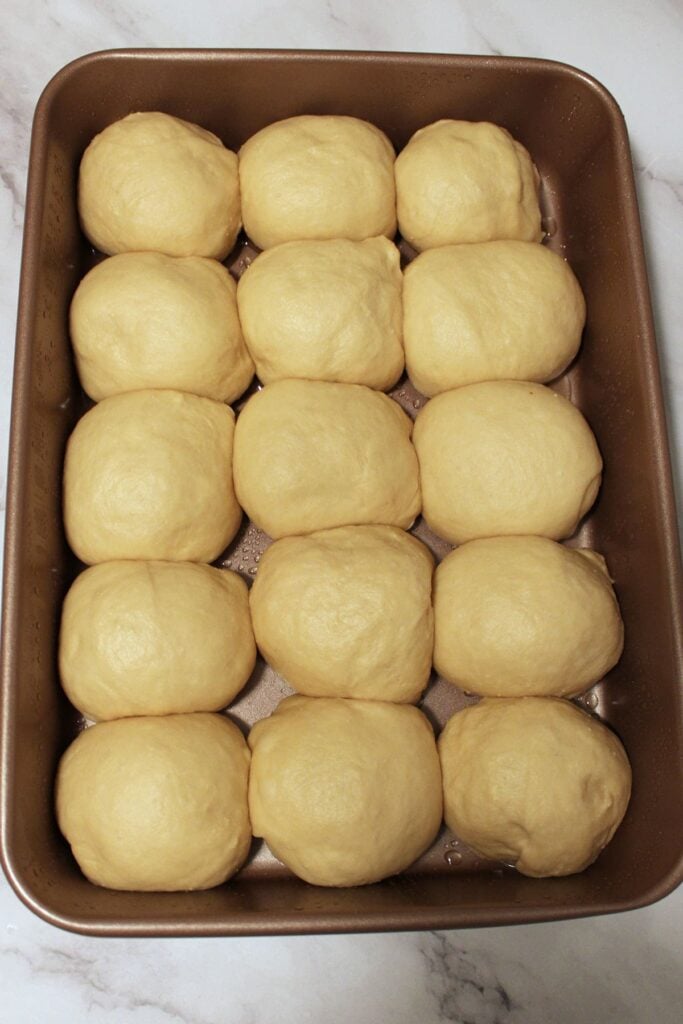 Sourdough Discard Hawaiian Rolls after the second rise in a 9x13 pan.