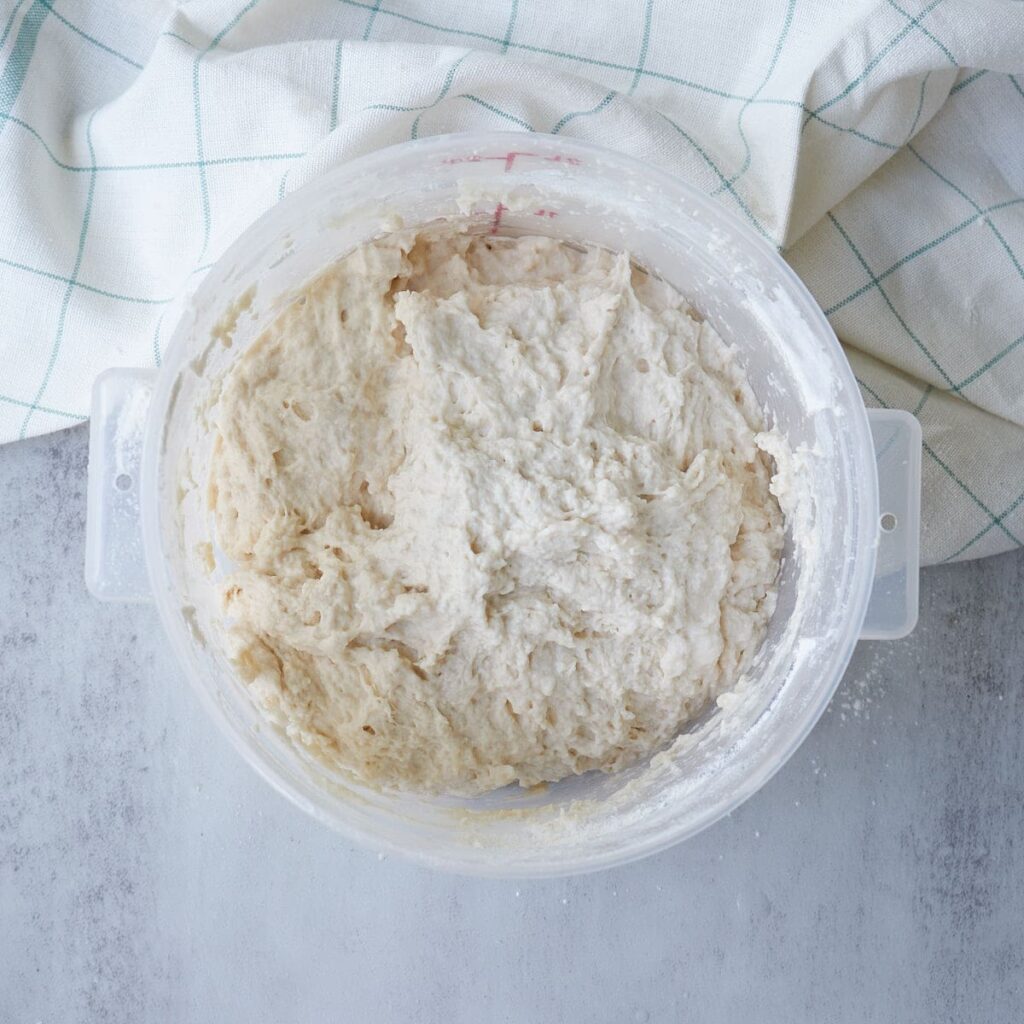 Shaggy dough mixed together for Jalape&ntilde;o Cheddar Sourdough Bread.