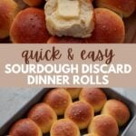 Sourdough Discard Dinner Rolls on a Wooden Board next to a white cloth napkin with one roll cut in half with butter on top.