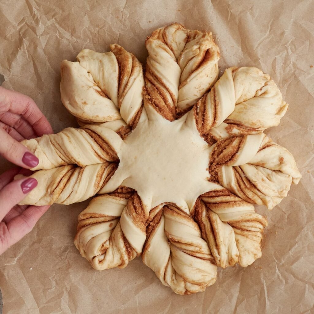 Hand twisting sections together to create the star shape for sourdough cinnamon star bread.