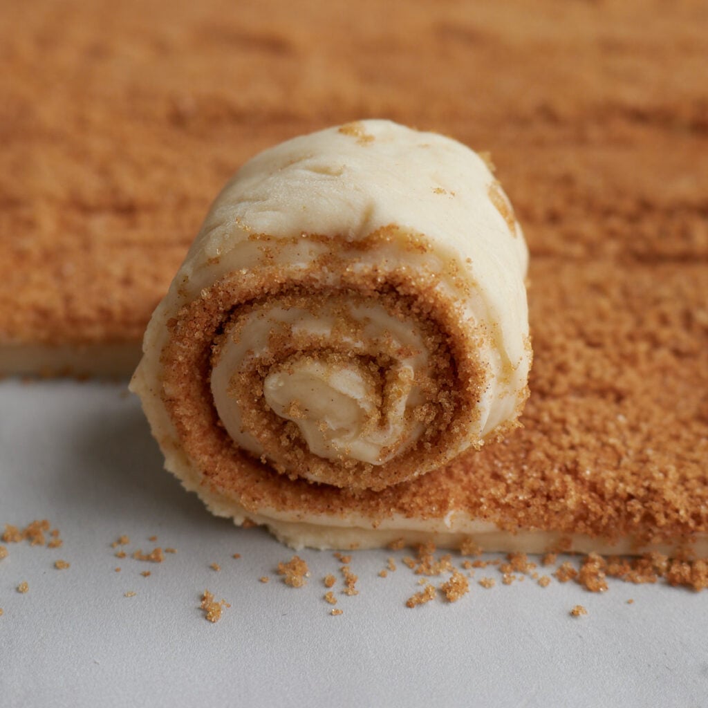 Sourdough Discard Cinnamon Roll dough strip rolled into a cinnamon roll shape.