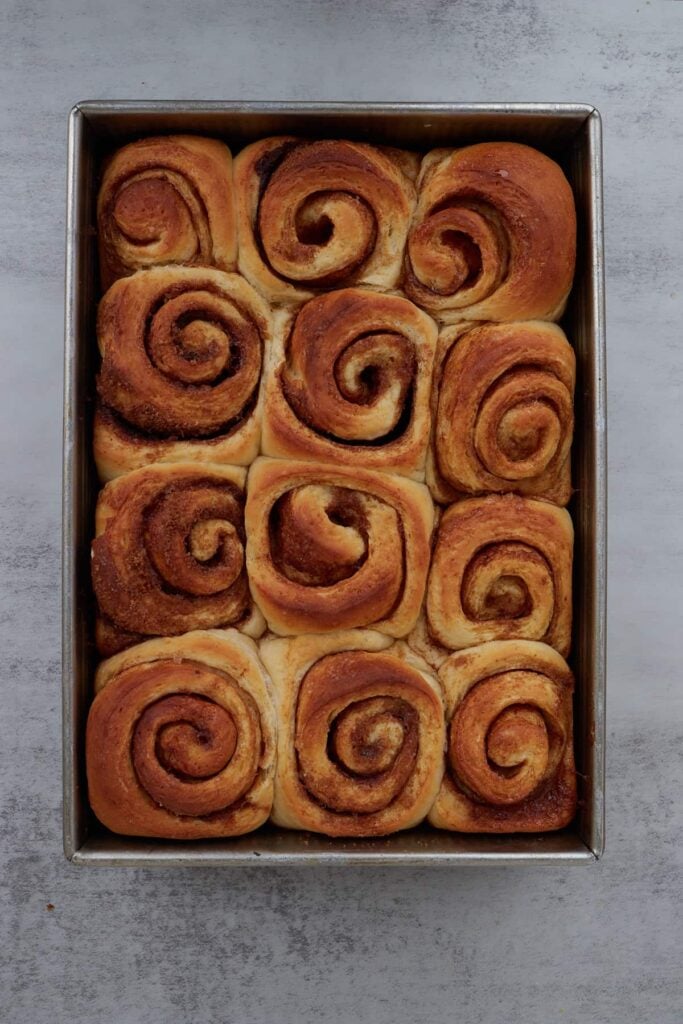 Freshly baked sourdough discard cinnamon rolls in a 9x13 pan.