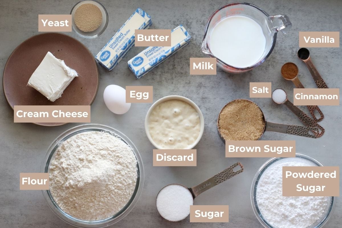 Ingredients for Sourdough Discard Cinnamon Rolls on a grey background.