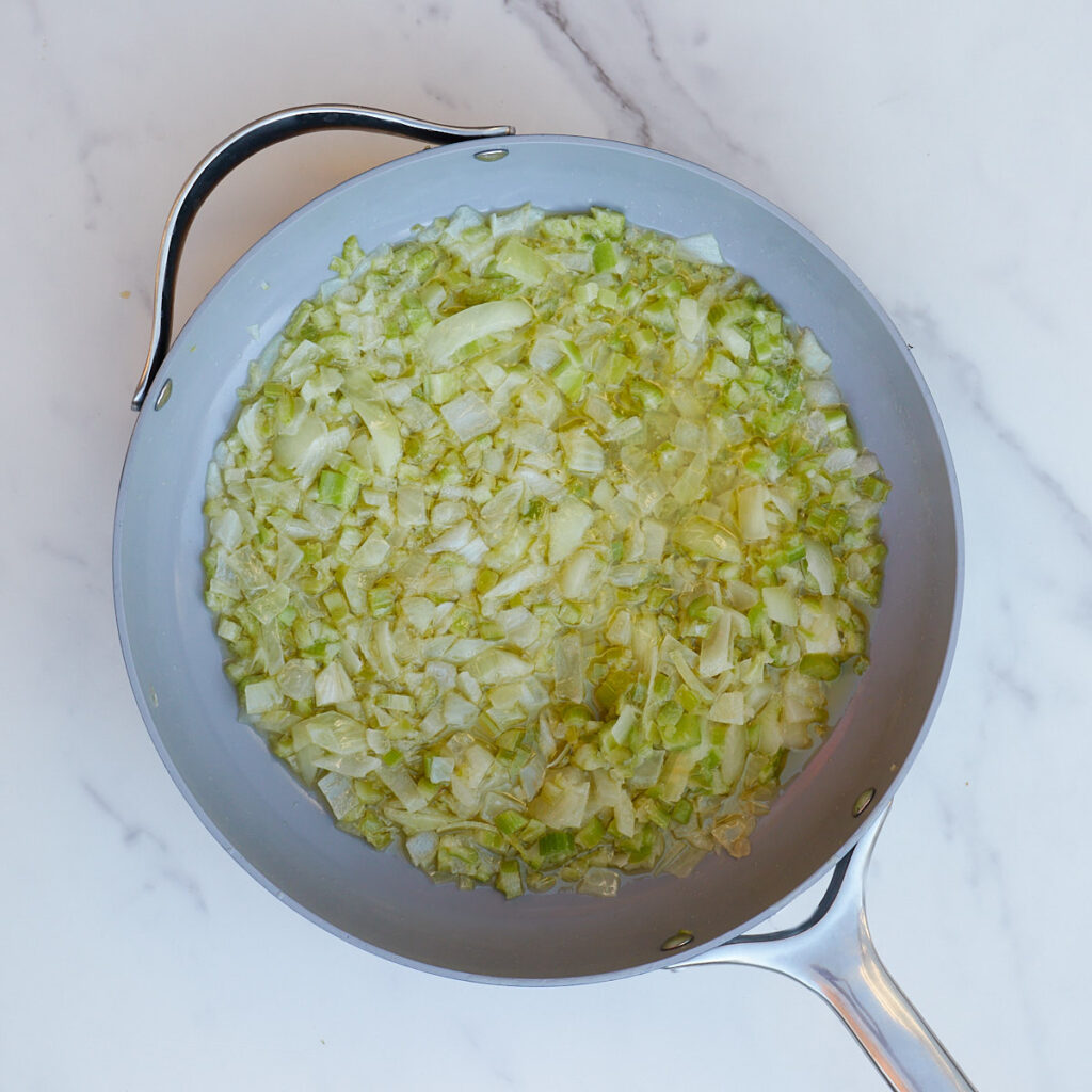 Butter saut&eacute;ed with onion, celery, and garlic for sourdough stuffing.
