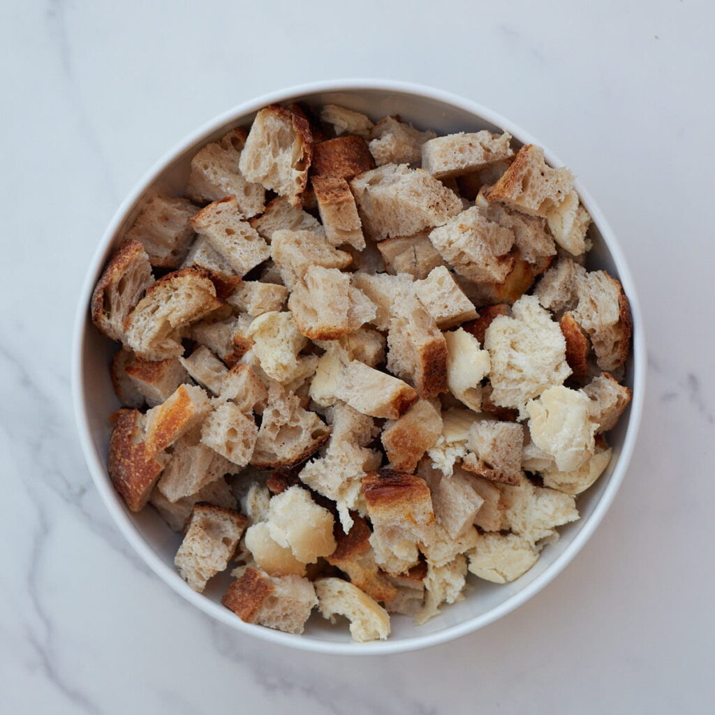Sourdough bread cut into one inch cubes for sourdough stuffing.