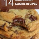 Three chocolate chip cookies stacked with a bite taken out of the top cookie with the title, "14 sourdough cookie recipes."