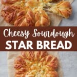 Section of Cheesy Sourdough Star Bread pulled out with a cheese pull.
