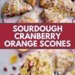 2 images the first is a couple cranberry orange scones on a plate with oranges behind it and the second is a cranberry orange sourdough scone broke in half.