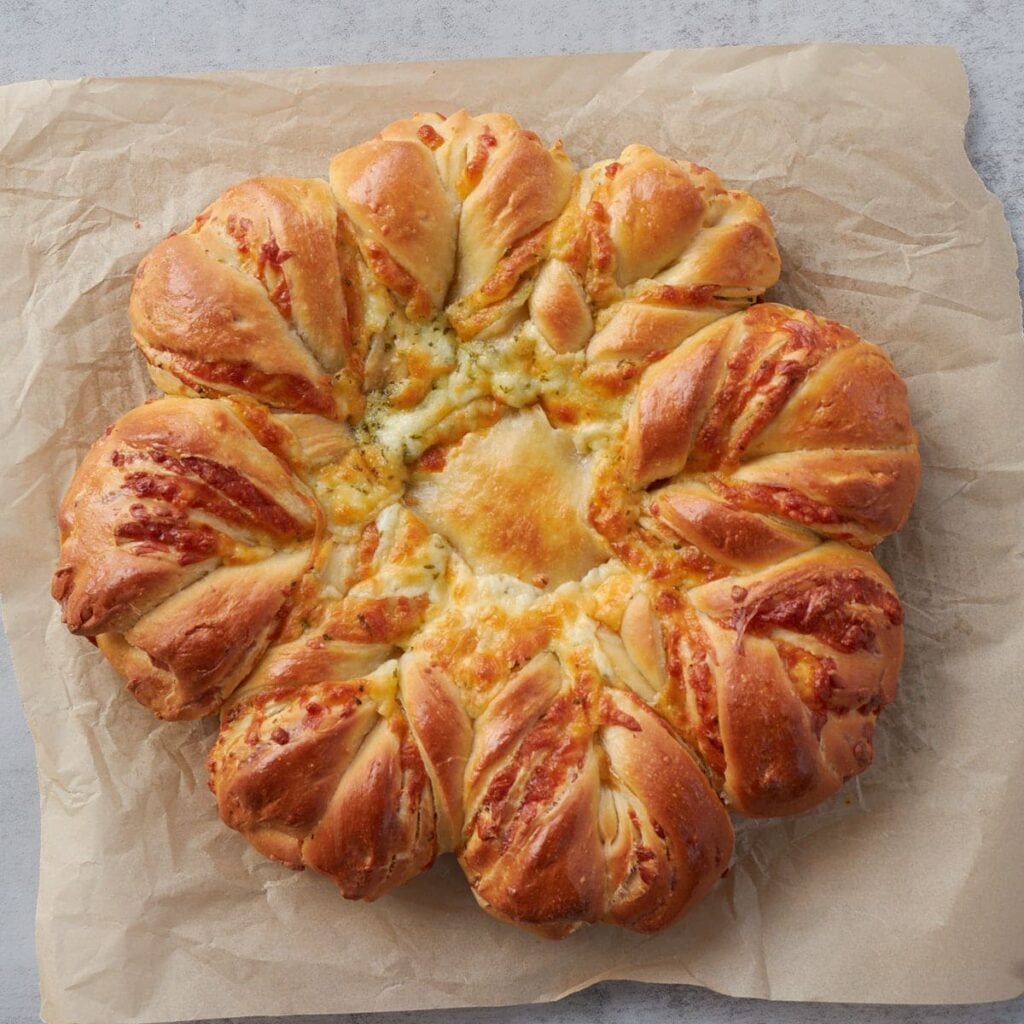 Freshly baked Cheesy Sourdough Star Bread on parchment paper.