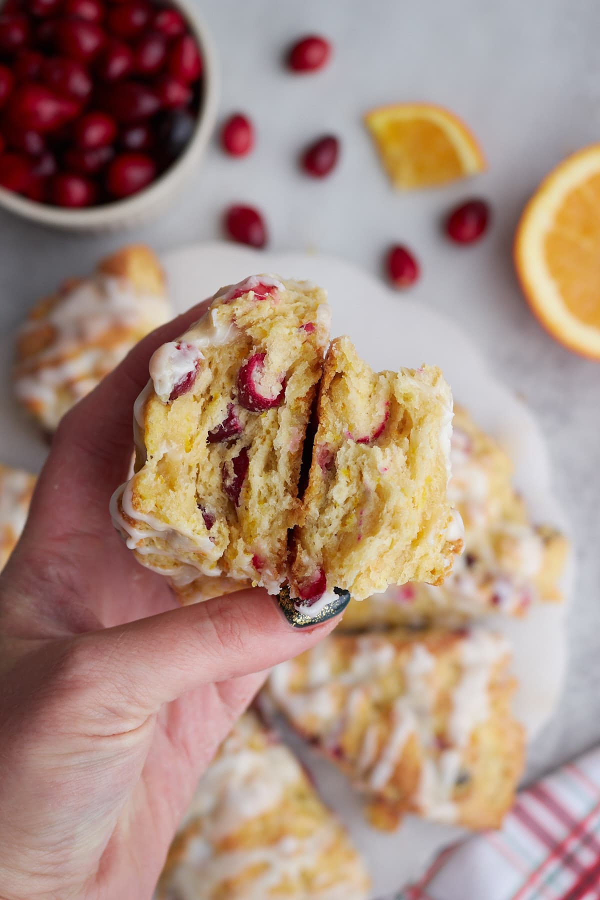 A cranberry orange sourdough scone broke in half.