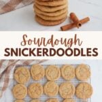 Sourdough Snickerdoodle Cookies stacked on top of each other next to cinnamon sticks.