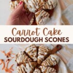 Hand holding a Sourdough Carrot Cake Scone with a drizzle of cream cheese frosting.