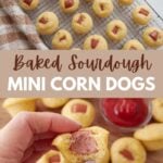 Sourdough mini corn dogs lined up on a cooling rack and a hand holding a sourdough mini corn dog with a bite taken out of it.