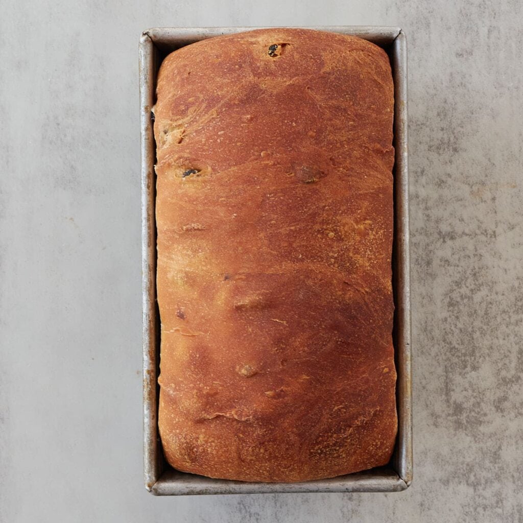 Sourdough Cinnamon Raisin Bread in a loaf pan after baking.