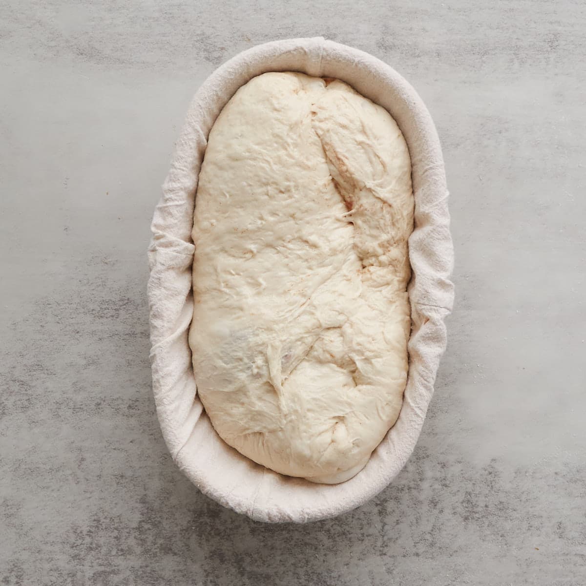 Sourdough bread dough in an oval banneton basket.