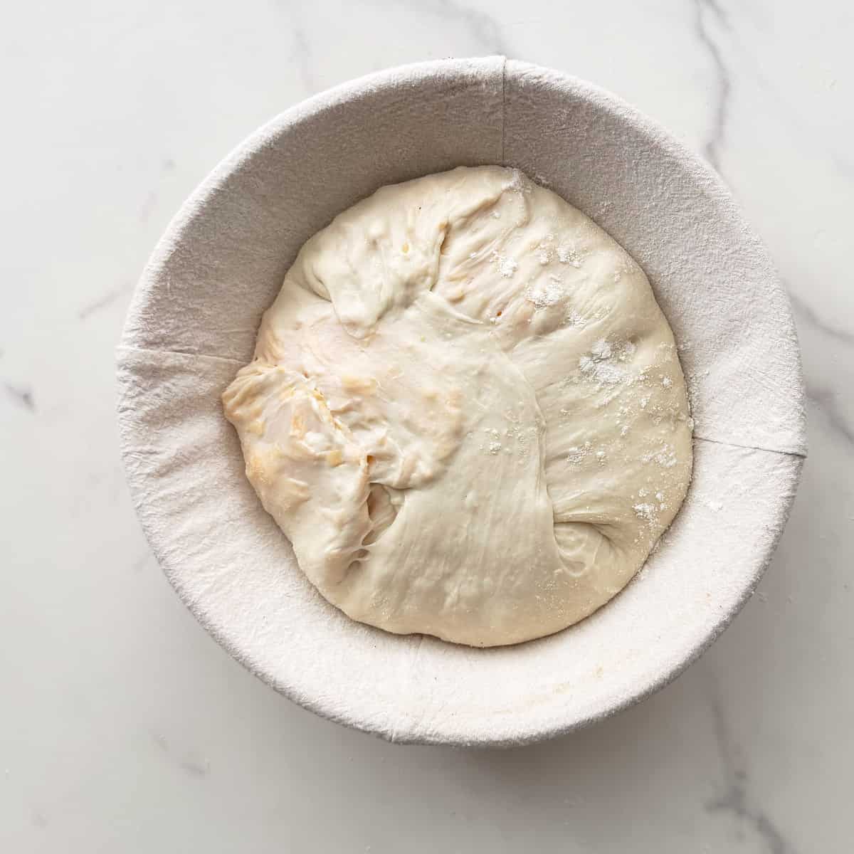Top-down view of cheesy sourdough pretzel bread dough shaped and resting in a round banneton.