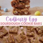 Sliced Cadbury Egg Sourdough Cookie bars on brown parchment paper with Cadbury mini eggs scattered around and three stacked on top of each other.