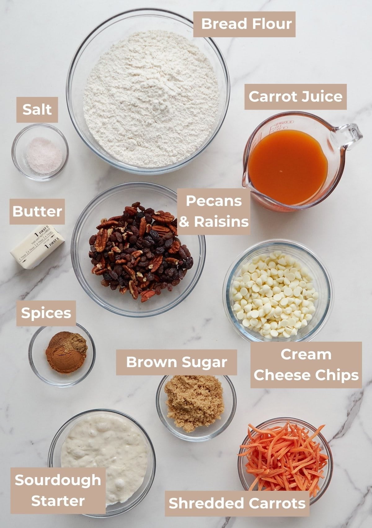 Ingredients for Carrot Cake Sourdough Bread in clear bowls on white background.