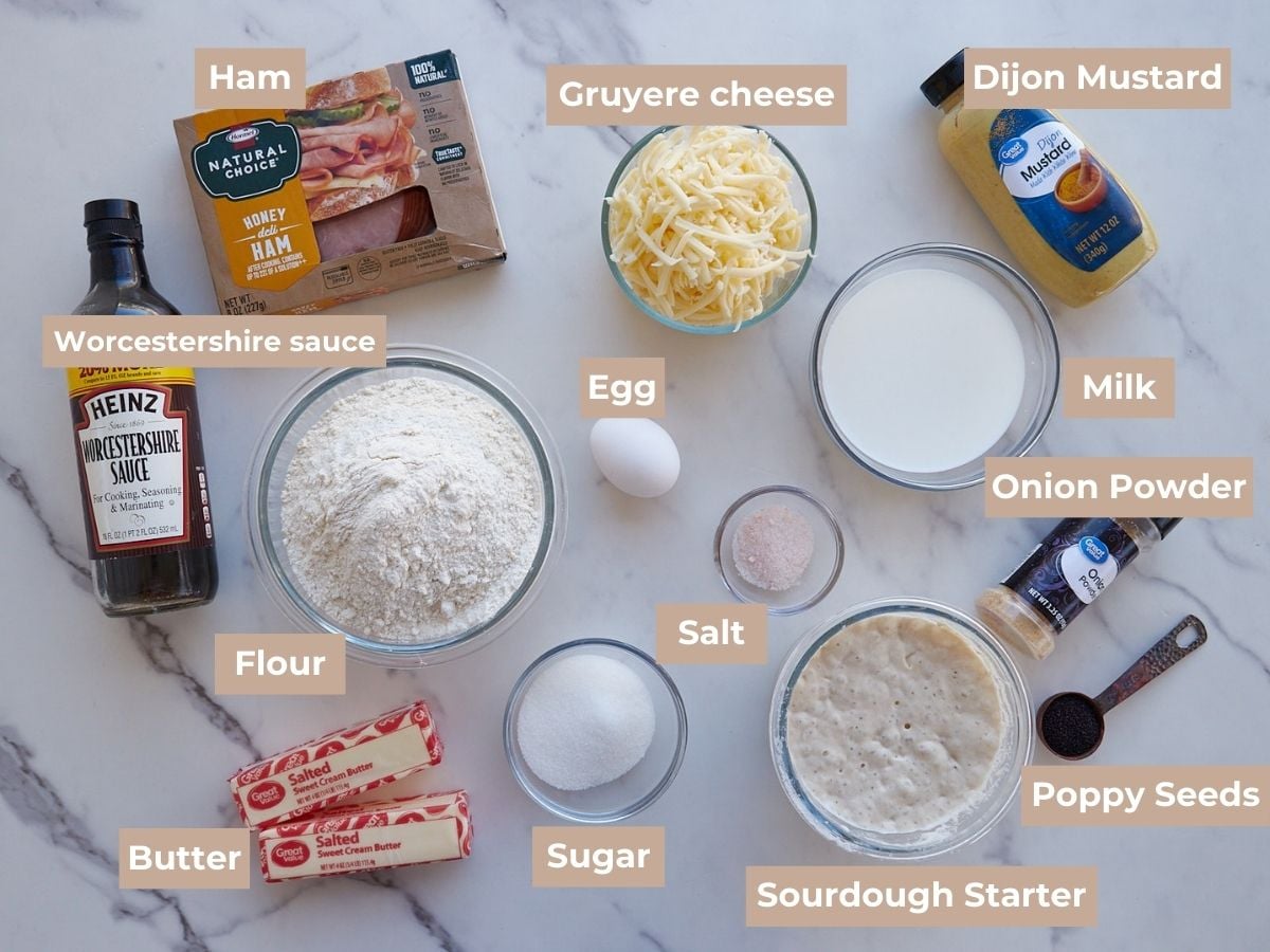 Ingredients for Sourdough Ham and Cheese Rolls on a white background.